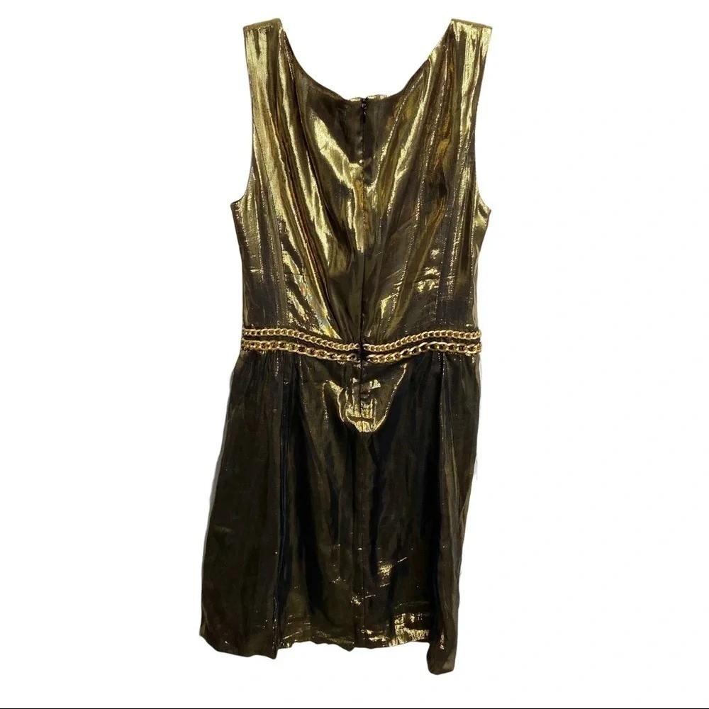 Tory Burch Size 4 Gold Metallic Silk V-neck Chain Dress Bubble Skirt